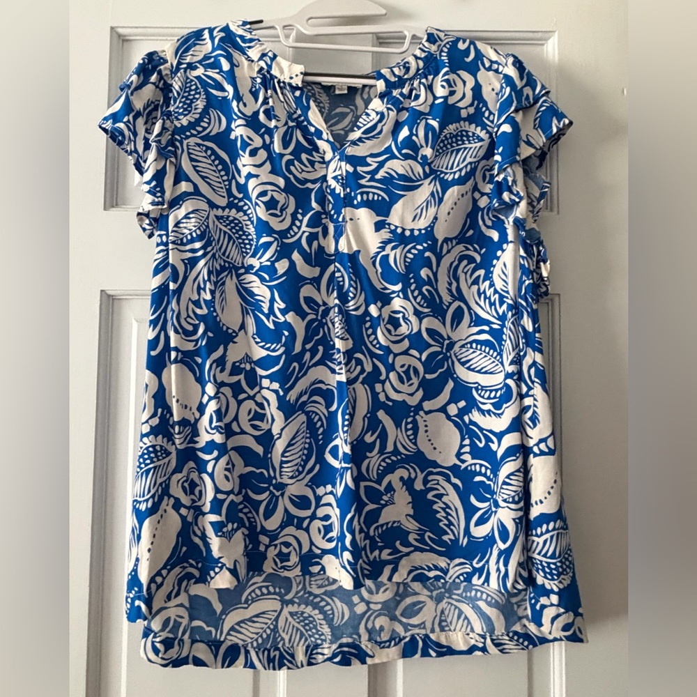 Vibrant Blue and White Patterned Top Umgee Large